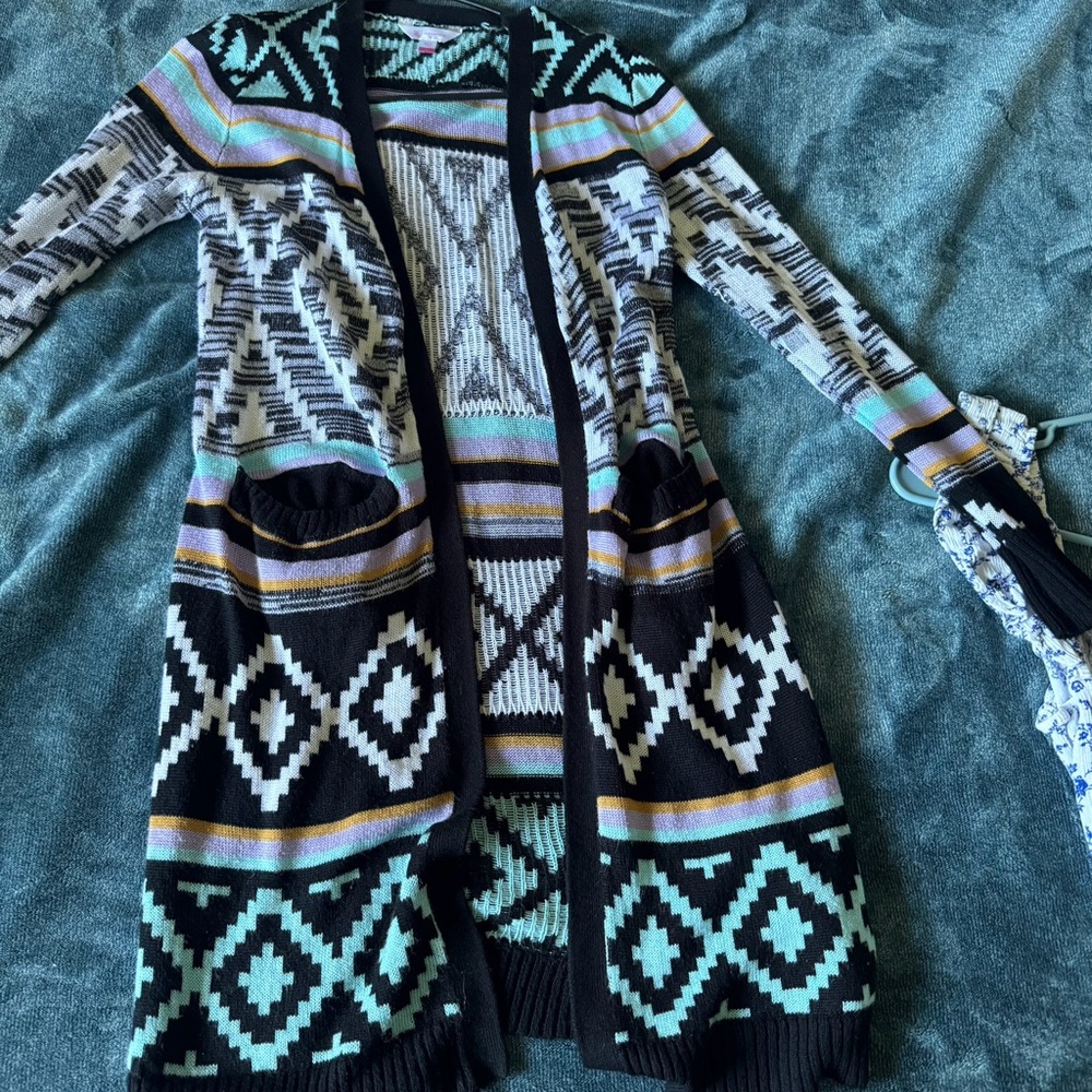 Geometric Patterned Open Front Cardigan - Multicolor